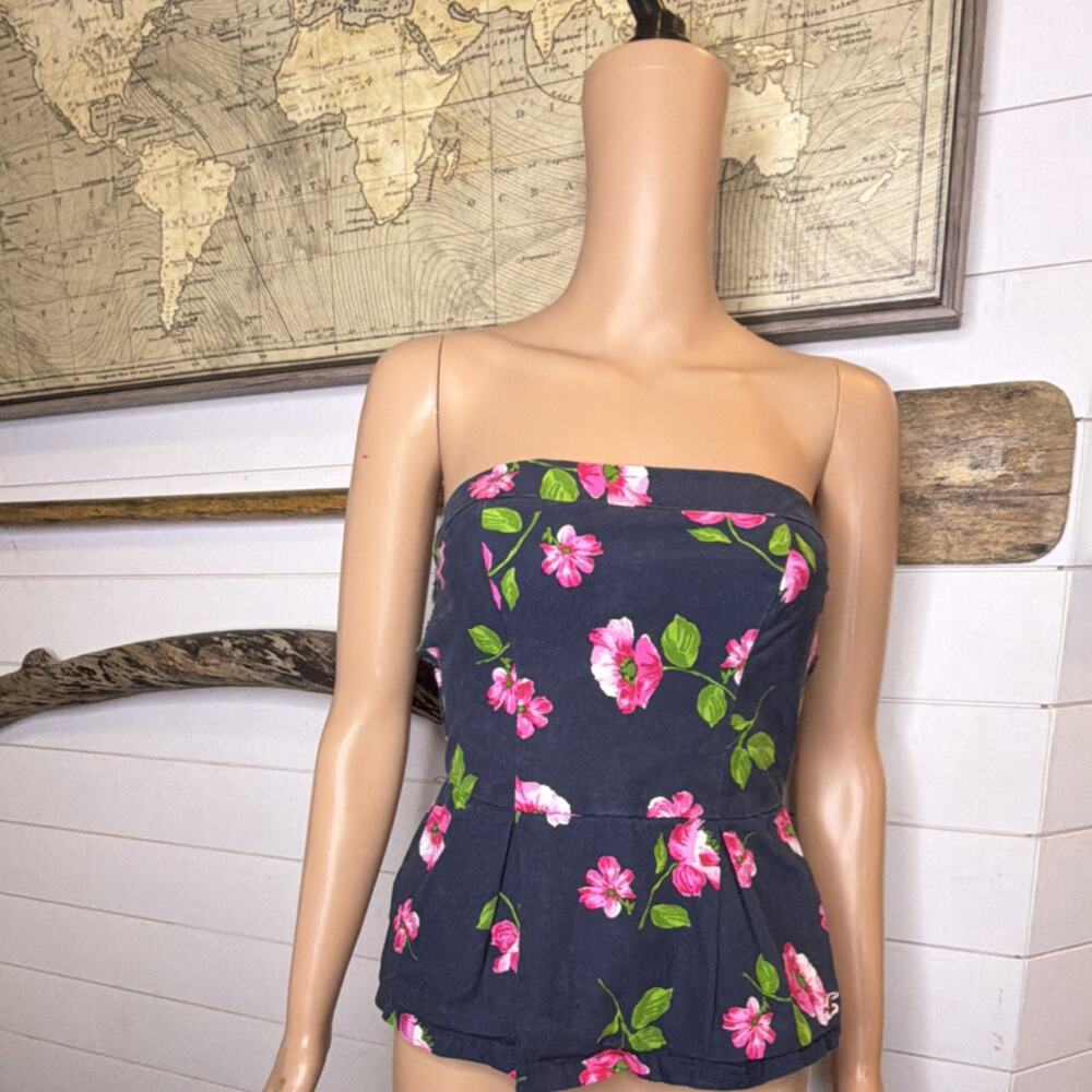 Hollister Navy Pink Green Floral Cropped Strapless Blouse Tube Top S Women